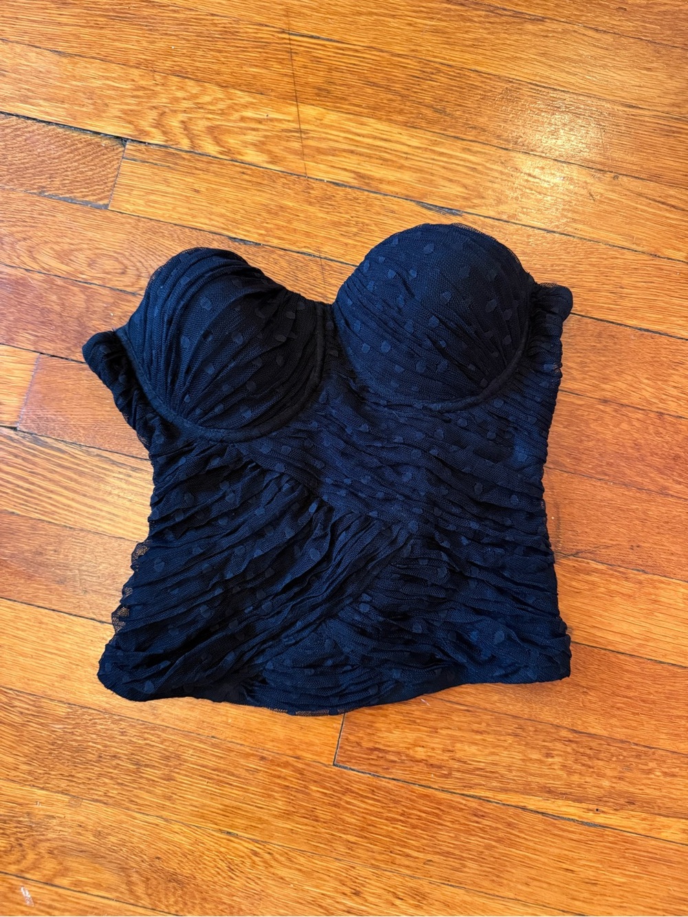 Bebe Black Strapless Bustier Corset Top, Size M, Polka Dot Mesh